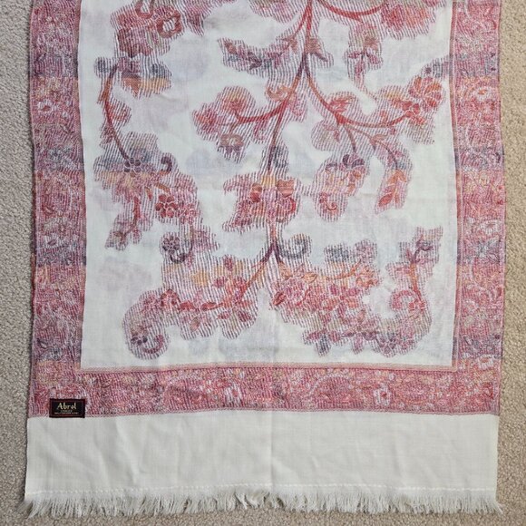 NWOT Wool Scarf Jacquard Embroidered Pink Red Flowers Abrol - Picture 1 of 12